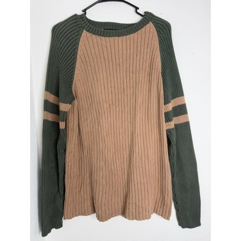 Industrial Exchange Mens Ribbed Raglan Sweater Tan Green Striped Cotton Large